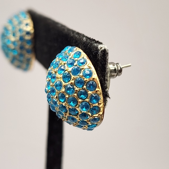 Modern Teal Dome Earrings Pierced Rhinestone Gold Tone Stud Statement Fashion - Picture 4 of 8